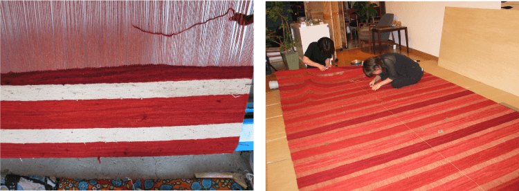 織り途中の透かしキリムと織られた透かしキリムを調整している写真